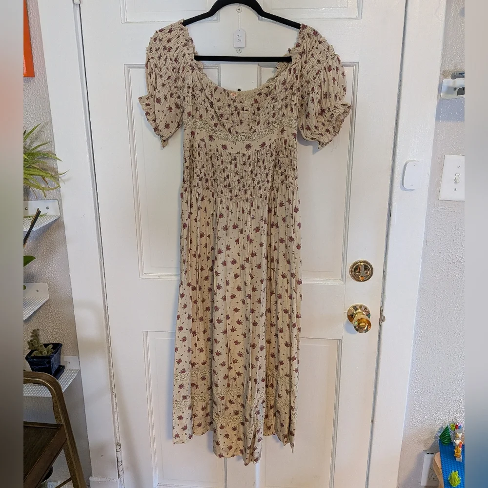 Free People Bali Juniper Smocked Boho Maxi Dress Floral Puff Sleeve - Picture 4 of 6